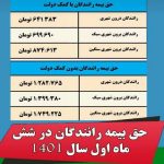 جدول حق بیمه رانندگان درون و برون شهری در 6 ماهه اول سال 1401
